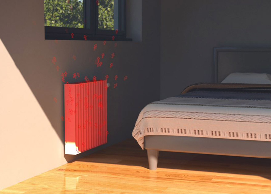 radiator on a wall highlighted in red in a bedroom